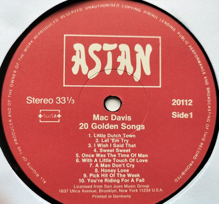 Mac Davis ‎– 20 Golden Songs (1984) LP