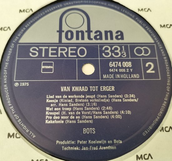 Bots ‎– Van Kwaad Tot Erger (1975) LP