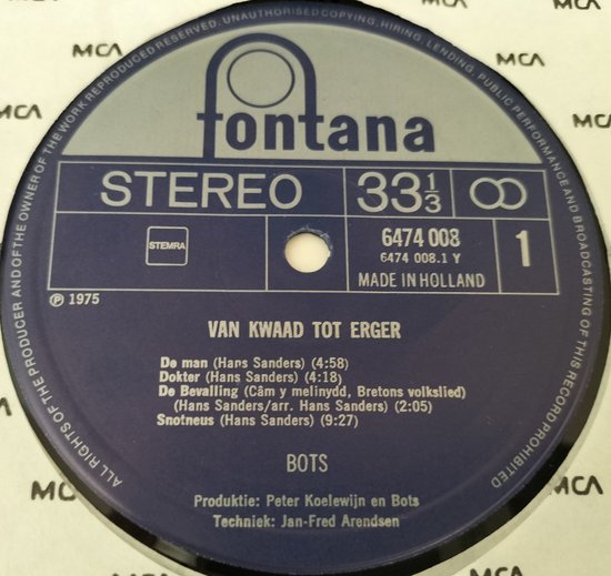 Bots ‎– Van Kwaad Tot Erger (1975) LP