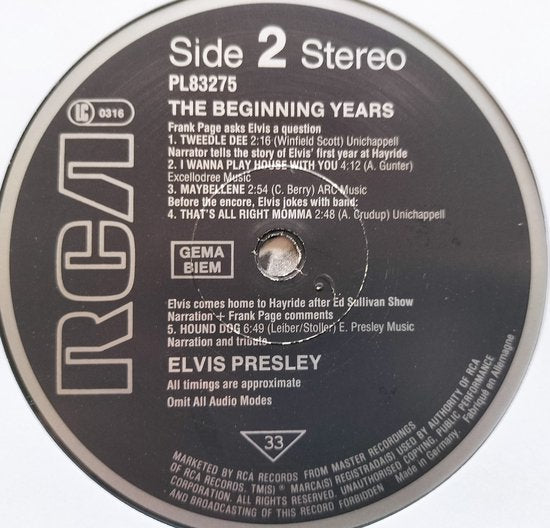 Elvis Presley ‎– The Beginning Years (1983) LP