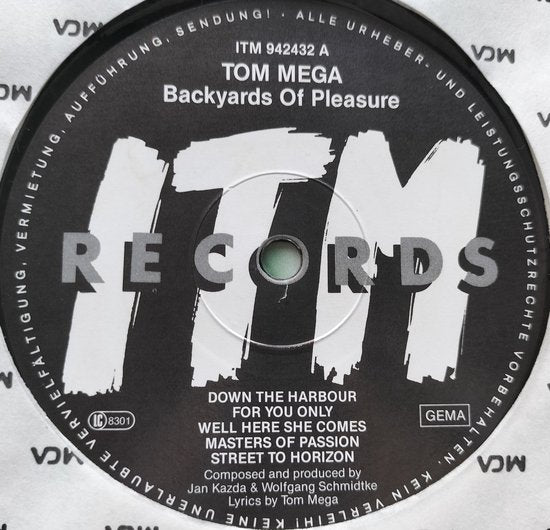 Tom Mega ‎– Backyards Of Pleasure (1988) LP heeft een haarlijntje.
