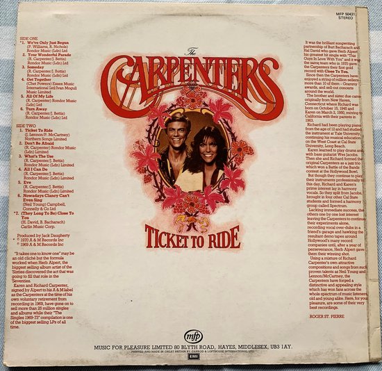 CARPENTERS TCIKET TO RIDE 1974 LP is bijna Perfect een haarlijntje . Hoes zie foto's