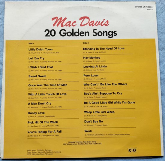 Mac Davis ‎– 20 Golden Songs (1984) LP