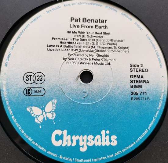 Pat Benatar - Live from Earth (1983) LP = als nieuw