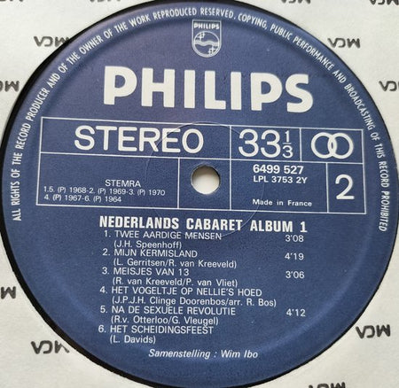 Nederlands Cabaret Album 1. 24 Liedjes Van Toen En Nu,(1973) 2XLP