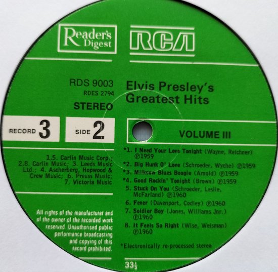 Elvis Presley's Greatest Hits Vol. 3 (1978) LP=als nieuw