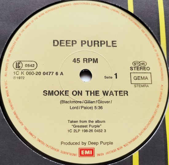 Deep Purple – Smoke On The Water(1985) Maxi-Single, LP=als nieuw