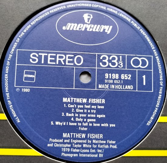 Matthew Fisher - Matthew Fisher (1980) LP = in Nieuwstaat