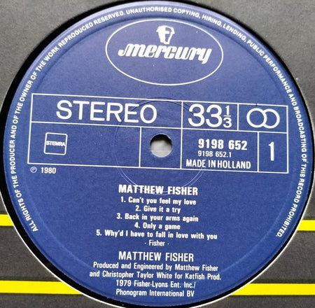 Matthew Fisher - Matthew Fisher (1980) LP = in Nieuwstaat