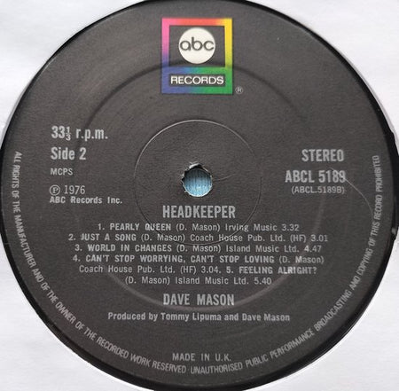 Dave Mason ‎– Headkeeper (1976) LP = als nieuw