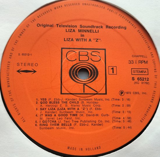 Liza Minnelli – Liza With A ‘Z’. A Concert For Television (1972) LP