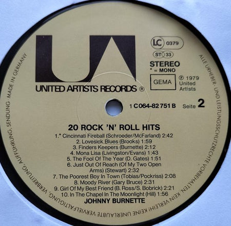 Johnny Burnette – 20 Rock 'N' Roll Hits ( 1979) LP