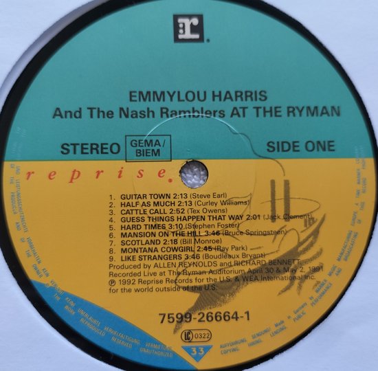 Emmylou Harris And The Nash Ramblers ‎– At The Ryman (1992) LP= als nieuw ( Collect Item)