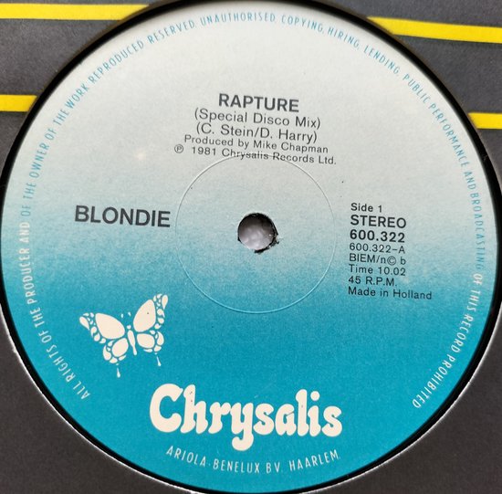 Blondie ‎– Rapture (1981 LP Vinyl, 12", 45 RPM, EP, Stereo = als nieuw