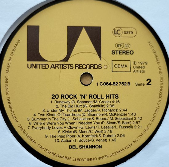 Del Shannon – 20 Rock 'N' Roll Hits (1979) LP = als nieuw