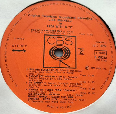 Liza Minnelli – Liza With A ‘Z’. A Concert For Television (1972) LP