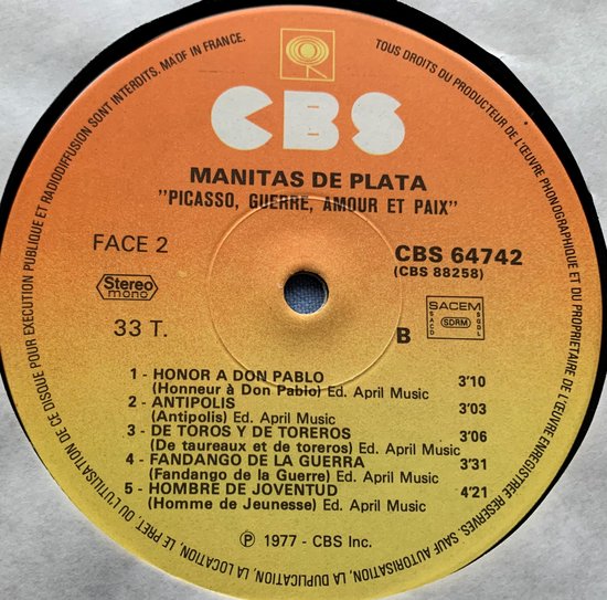 Manitas De Plata ‎– Picasso, Guerre, Amour Et Paix + Hommages 1976 LP is in Nieuwstaat.