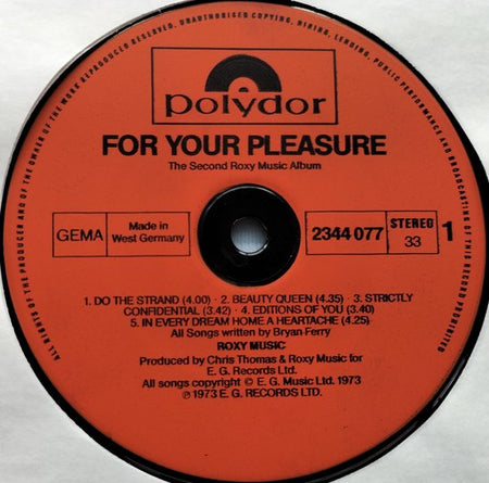 Roxy Music ‎– For Your Pleasure (1973) LP = als nieuw