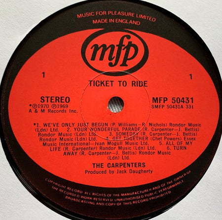 CARPENTERS TCIKET TO RIDE 1974 LP is bijna Perfect een haarlijntje . Hoes zie foto's