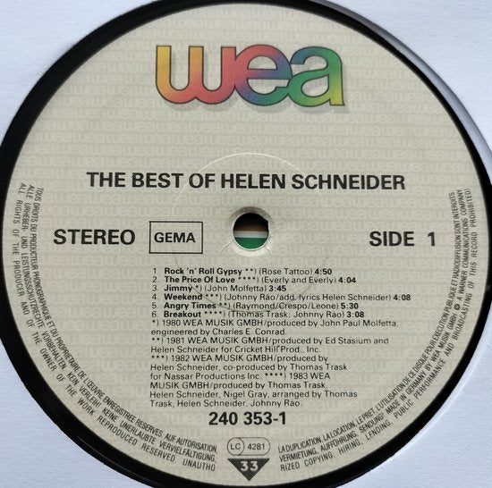 Helen Schneider – The Best Of Helen Schneider (1984) LP