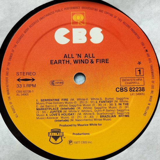 Earth, Wind & Fire ‎– All 'N All 1977 LP = in Nieuwstaat