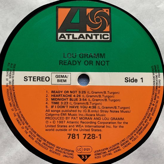 Lou Gramm - Ready Or Not (1987) LP is in Nieuwstaat. Hoes zie Foto's