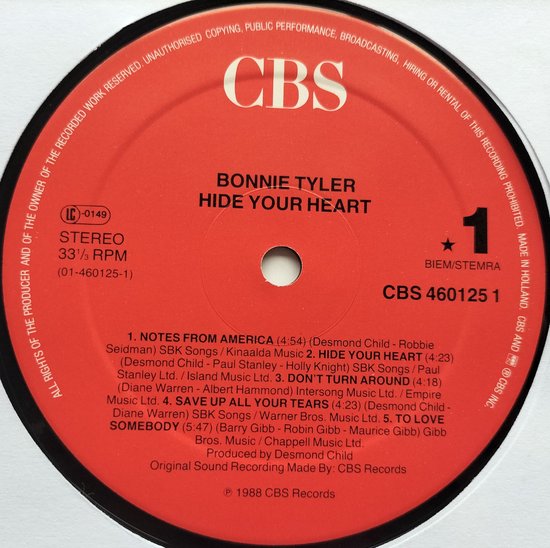Bonnie Tyler - Hide Your Heart (1988) LP