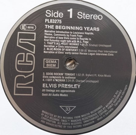 Elvis Presley ‎– The Beginning Years (1983) LP
