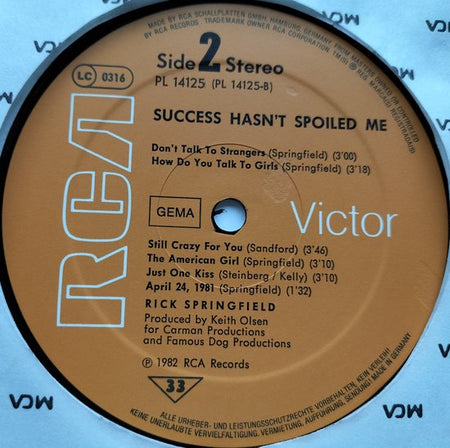 Rick Springfield - Success Hasn't Spoiled Me Yet (1982) LP