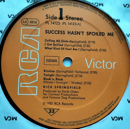 Rick Springfield - Success Hasn't Spoiled Me Yet (1982) LP