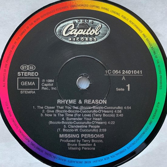 Missing Persons ‎– Rhyme & Reason LP 1984 Nieuwstaat