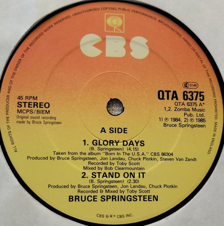 Bruce Springsteen ‎– Glory Days (1985) 12", 45 RPM, Poster Sleeve LP = als nieuw