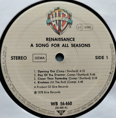 Renaissance - A Song for All Seasons (1978) LP = als nieuw