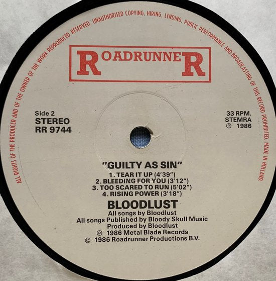 Bloodlust - Guilty as Sin (1985) LP ( bijna Nieuwstaat) (Metal)