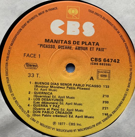 Manitas De Plata ‎– Picasso, Guerre, Amour Et Paix + Hommages 1976 LP is in Nieuwstaat.