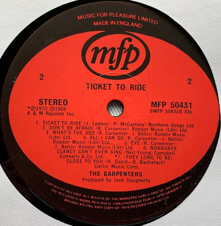 CARPENTERS TCIKET TO RIDE 1974 LP is bijna Perfect een haarlijntje . Hoes zie foto's