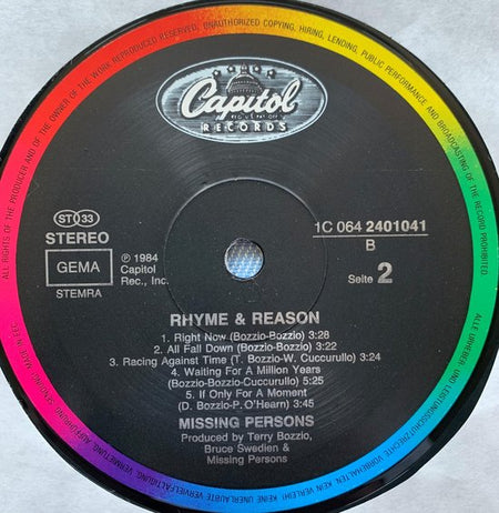 Missing Persons ‎– Rhyme & Reason LP 1984 Nieuwstaat
