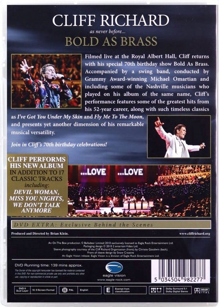 ‘Cliff Richard – Bold As Brass - Live At The Royal Albert Hall (2010) DVD = als nieuw