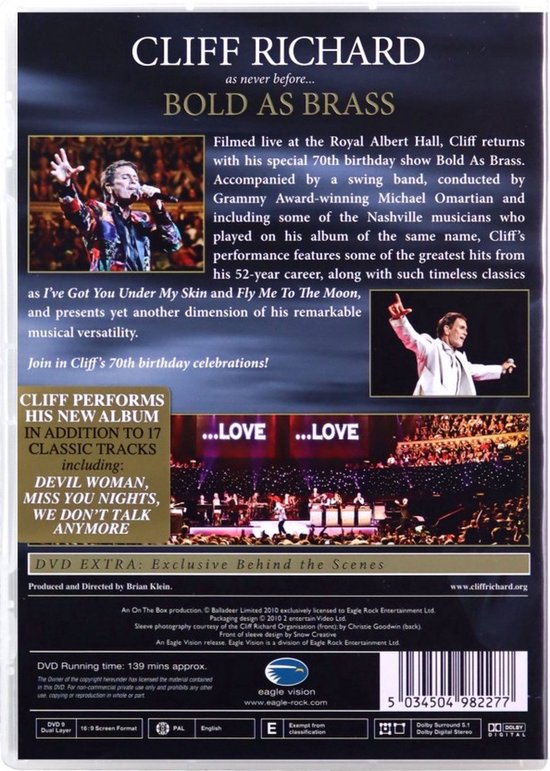 ‘Cliff Richard – Bold As Brass - Live At The Royal Albert Hall (2010) DVD = als nieuw